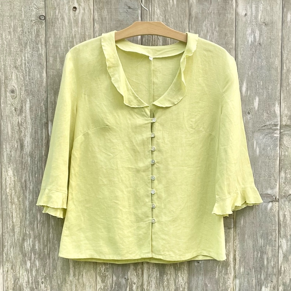 Linen Shirt. Three Quarter Sleeve, Pearl Buttons, Small Ruffled Edges.  XL